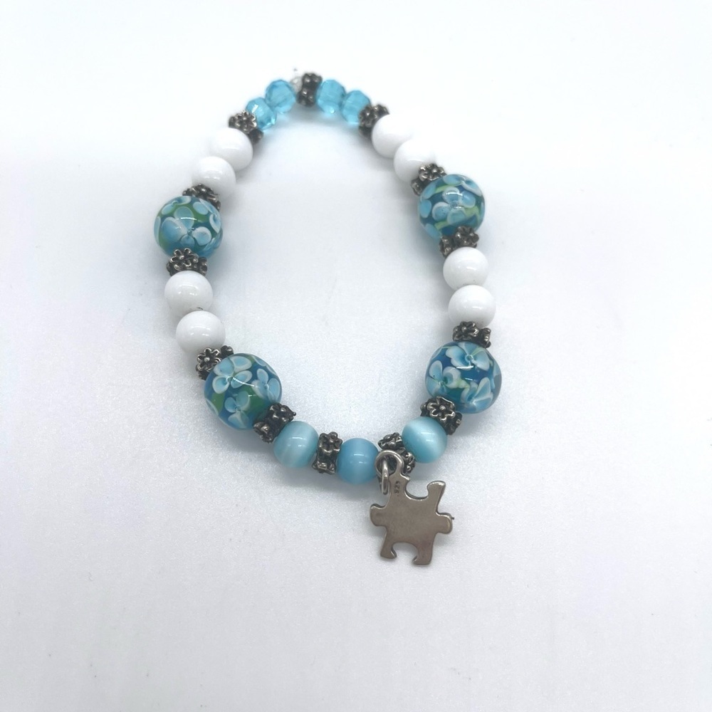 Autism Awareness Blue Agate & mixed semi precious stones w/ 925 Sterling Silver